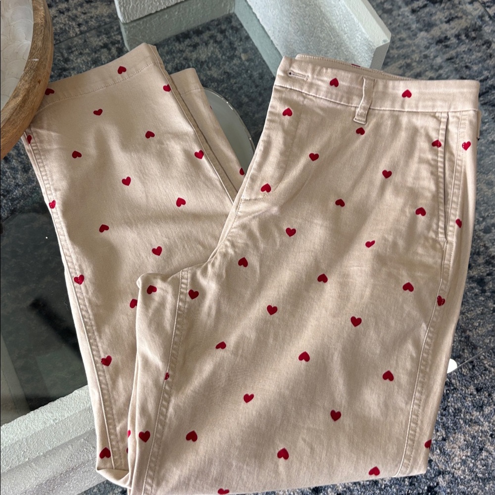J.Crew Highrise Girlfriend Chinos Classic Tan With Red Hearts Size 14 - Picture 4 of 7